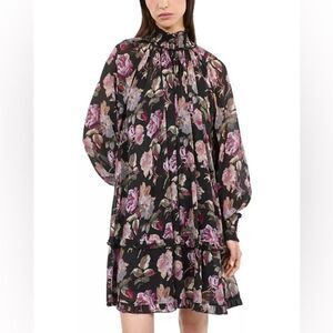 NWT The Kooples Floral Smocked Mock Neck Mini Dress womens size 10